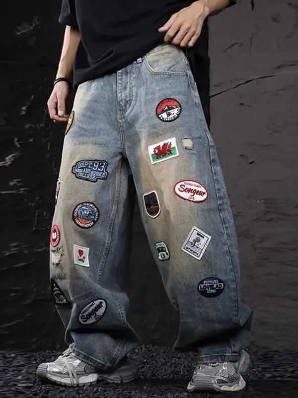 

Parisian Heavy Du Patchwork Denim Jeans American Loose Personali Worn Straight Leg Long Pants Blue l Waist Zipper