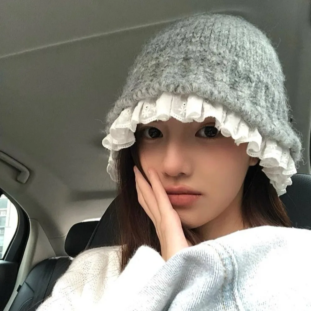 Retro Lace Trim Knitted Fisherman Hat Solid Color Korean Style Women Bucket Hat Large Head Circumference Yarn Beanie Hat Outdoor