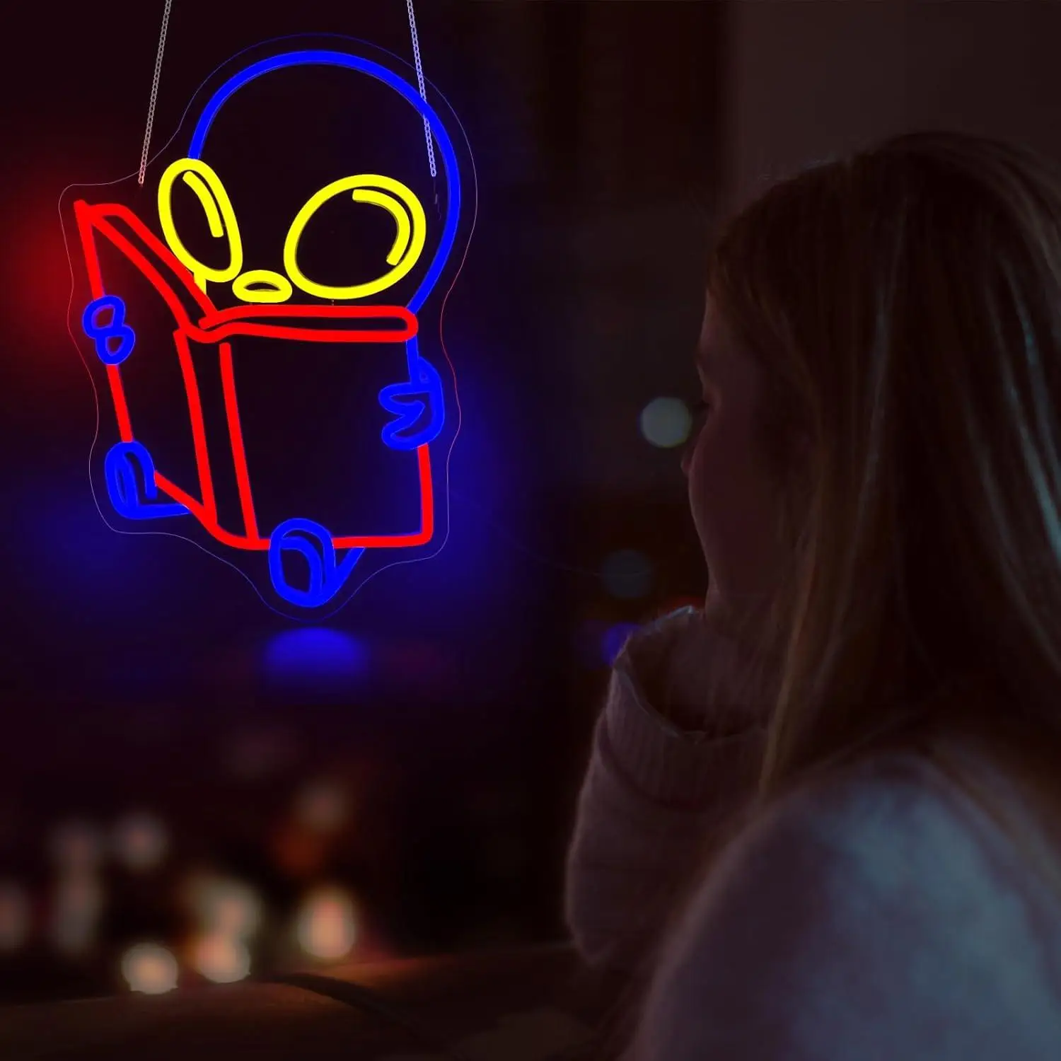 Alien Reading Book Neon Sign USB Dimmab LED Lights for Bedroom Library Book shop Home Children's Room Decoration Birthday Gift