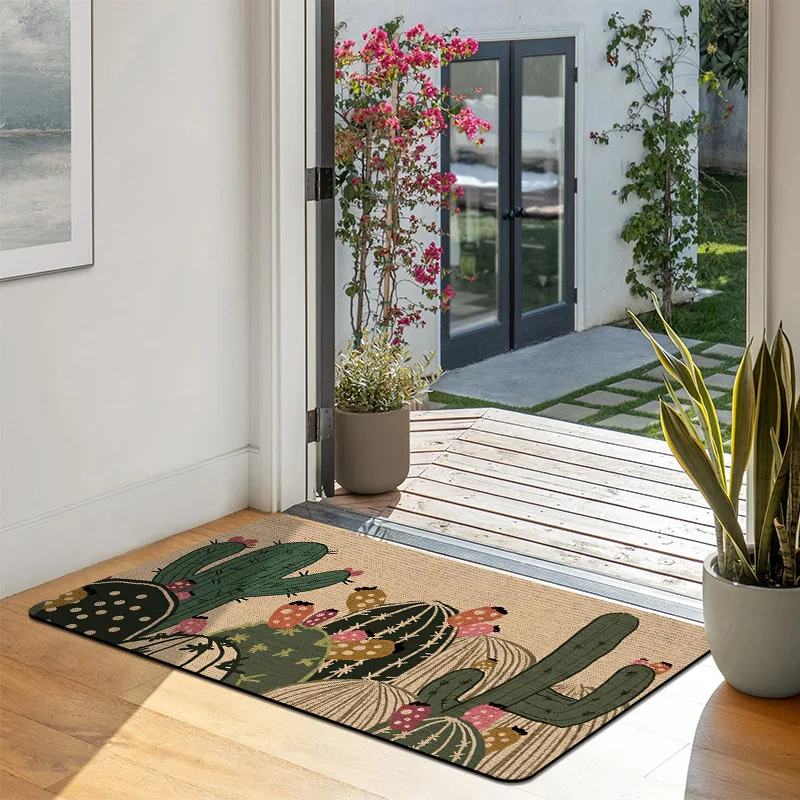 Colorful Cactus Door Mat – Beige Woven Background with Vibrant Desert Plants for Outdoor & Indoor Use 40x60cm 50x80cm