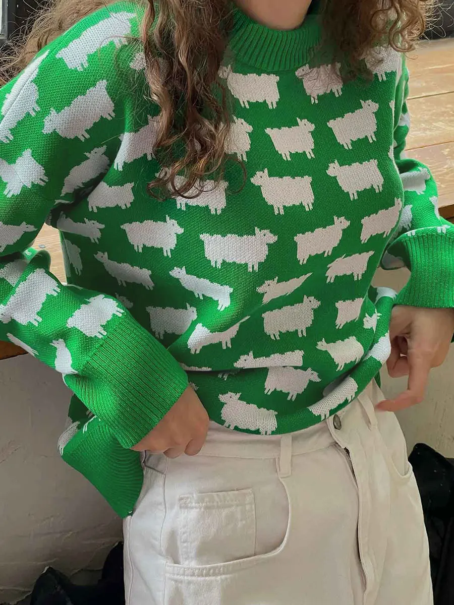 Bornladies O-Ausschnitt Alpaka-Print Pullover für Damen, Locker Geschnittener Lässiger Mittellanger Retro-Pullover, Neuer Warmer Pullover für Herbst und Winter – Detail 11