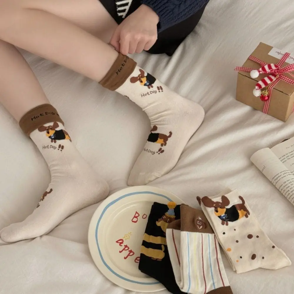 2Pairs Cosy Cute Cotton Socks Dachshund Polka Point Striped Socks Mid-calf Stockings Hosiery Cartoon Socks Students