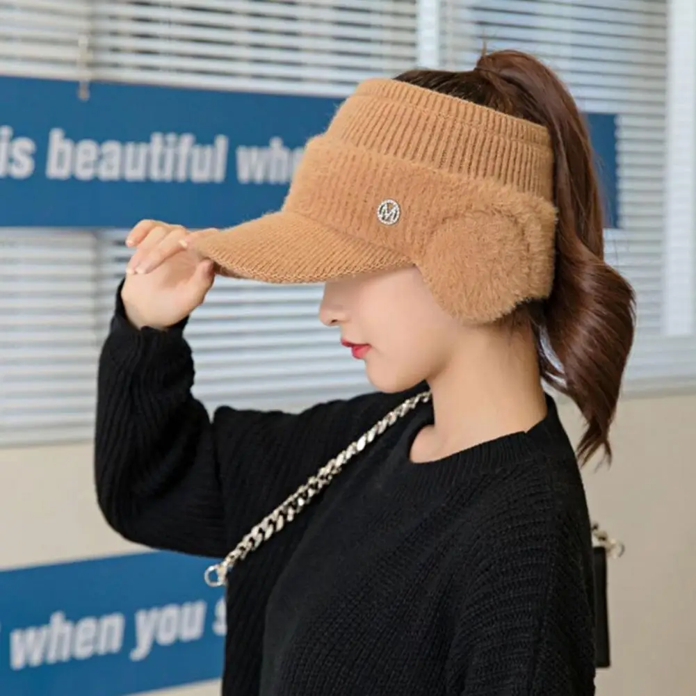 Stylish Ear Winter Hat Women's Winter Hat with Rhinestone Letter Decor Plush Knitted Ear Cap