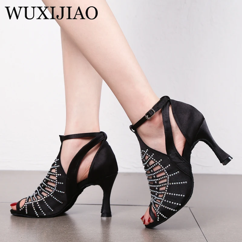 WUXIJIAO New dance shoes ballroom latin dance shoes women with rhinestones salsa tango shoes blue women\'s wedding shoes