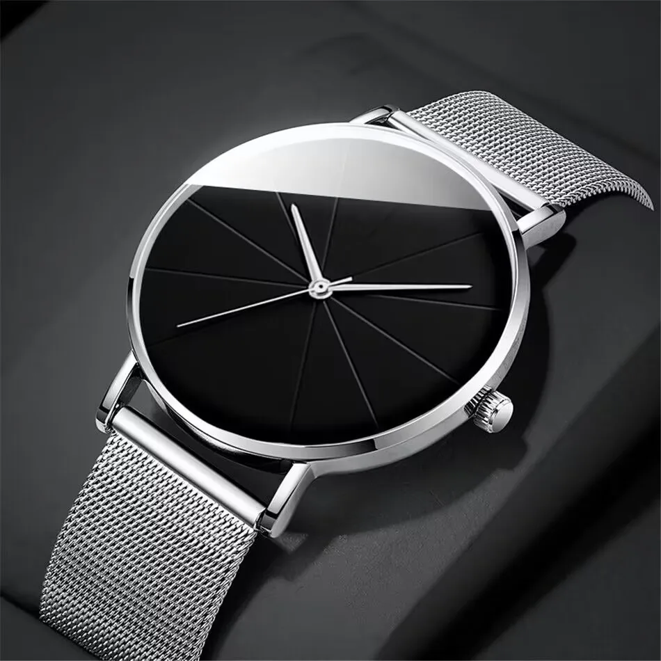 Mens Fashion Business Quartz Wristwatch Fashion 2Pcs Men Watch Stainless Steel Mesh Belt Men Luxury Silver Bracelet Watches