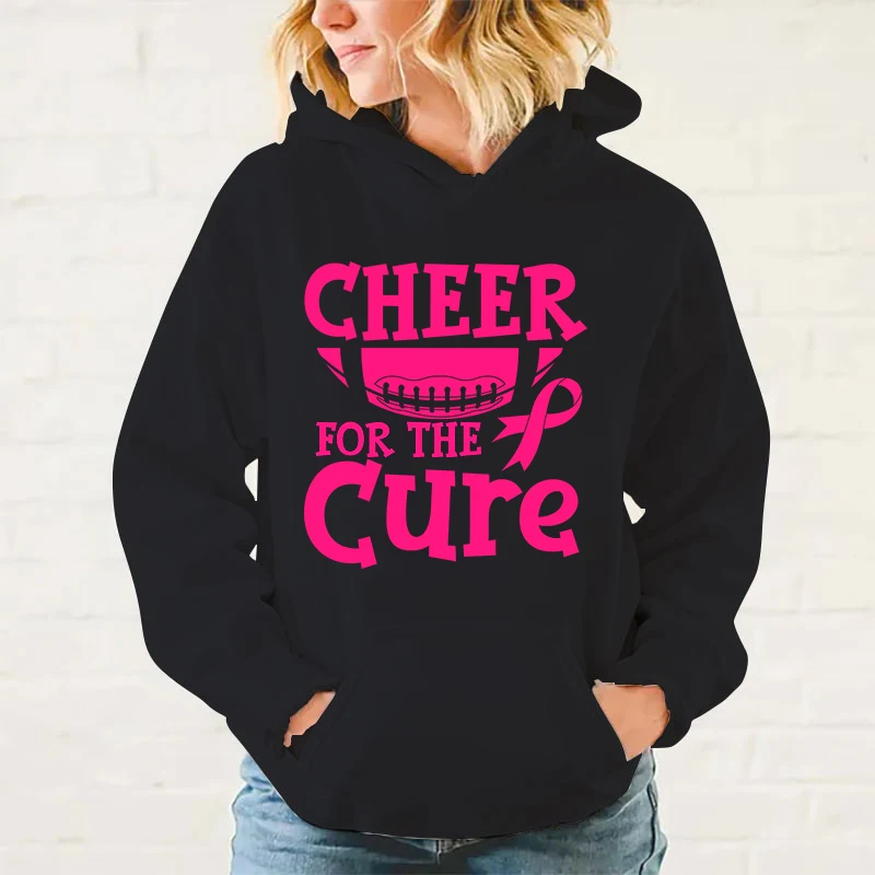 New Breast Cancer Awareness Cheer For The Cure Printed Long Sleeve Pullover Hoodies For Women And Men Couple Casual Sweatshirts