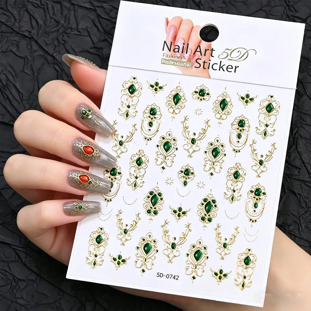 1Pcs 5D Embossed Vintage Baroque Scepter Nail Stickers Gold Royal Gem Chains Nails Decals Self-Adhesive Luxury Manicure Decor NK