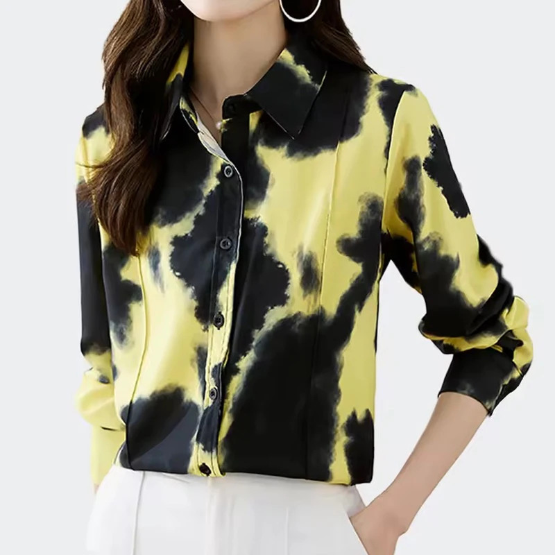 

Новинка 2025 года, шифоновая рубашка с цветочным принтом для женщин, модная блузка с длинным рукавом, весенне-осенние повседневные топы, элегантные блузки