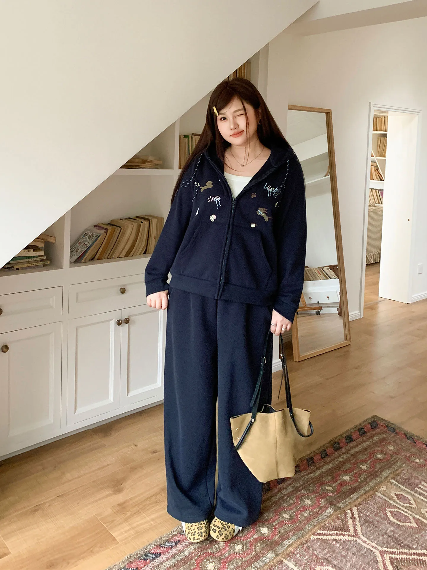 

Loose Casual YUZI Fi Roe Hooded Zipper Sweatirt Set Two Piece Loose Fit Conceal Meat plus Size Women's Wear