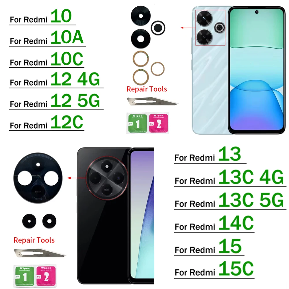 New Rear Back Camera Glass Lens For Xiaomi Redmi 12 12C 13 13C 14C 15 15C 4G 5G Camera Glass With Glue Adhesive