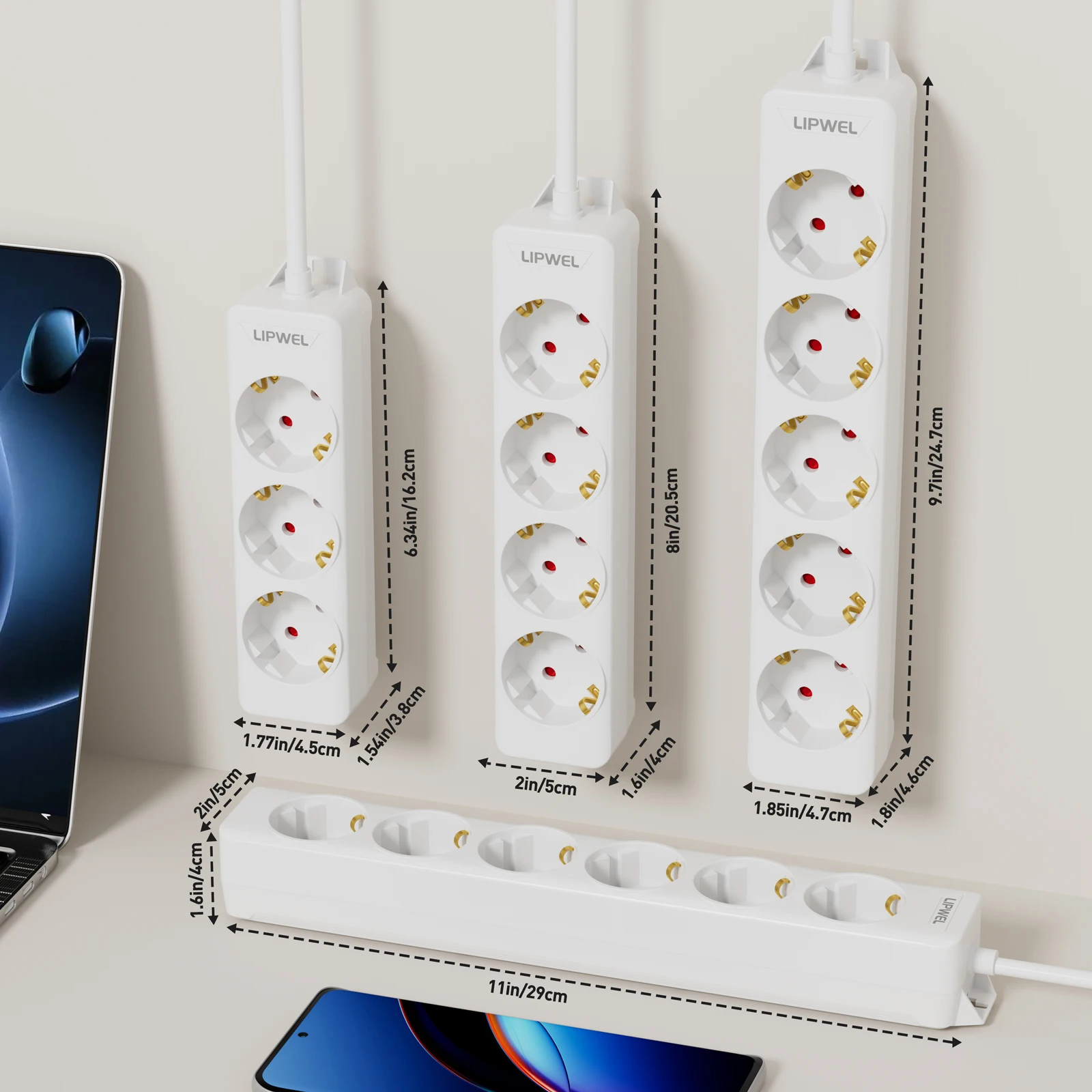 Euro Plug Power Strip, Compact Multi Socket With Heat Dissipation, Low-Profile Power Distributor For Desktops & Small Spaces