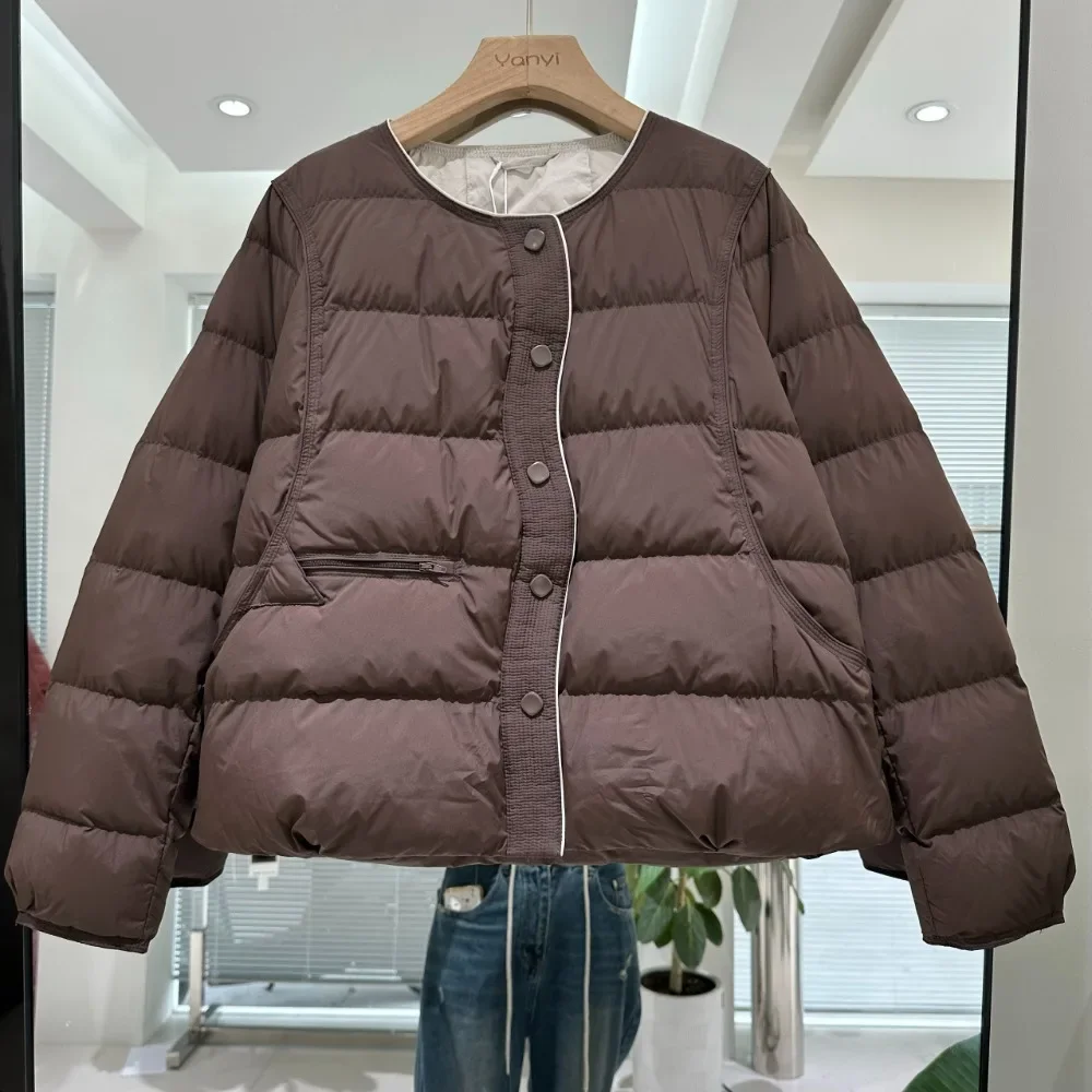 

CXFS 2022, осенне-зимняя одежда, женское белое пальто на утином пуху, короткая куртка-пуховик с круглым вырезом, женская модная теплая однотонная одежда для женщин