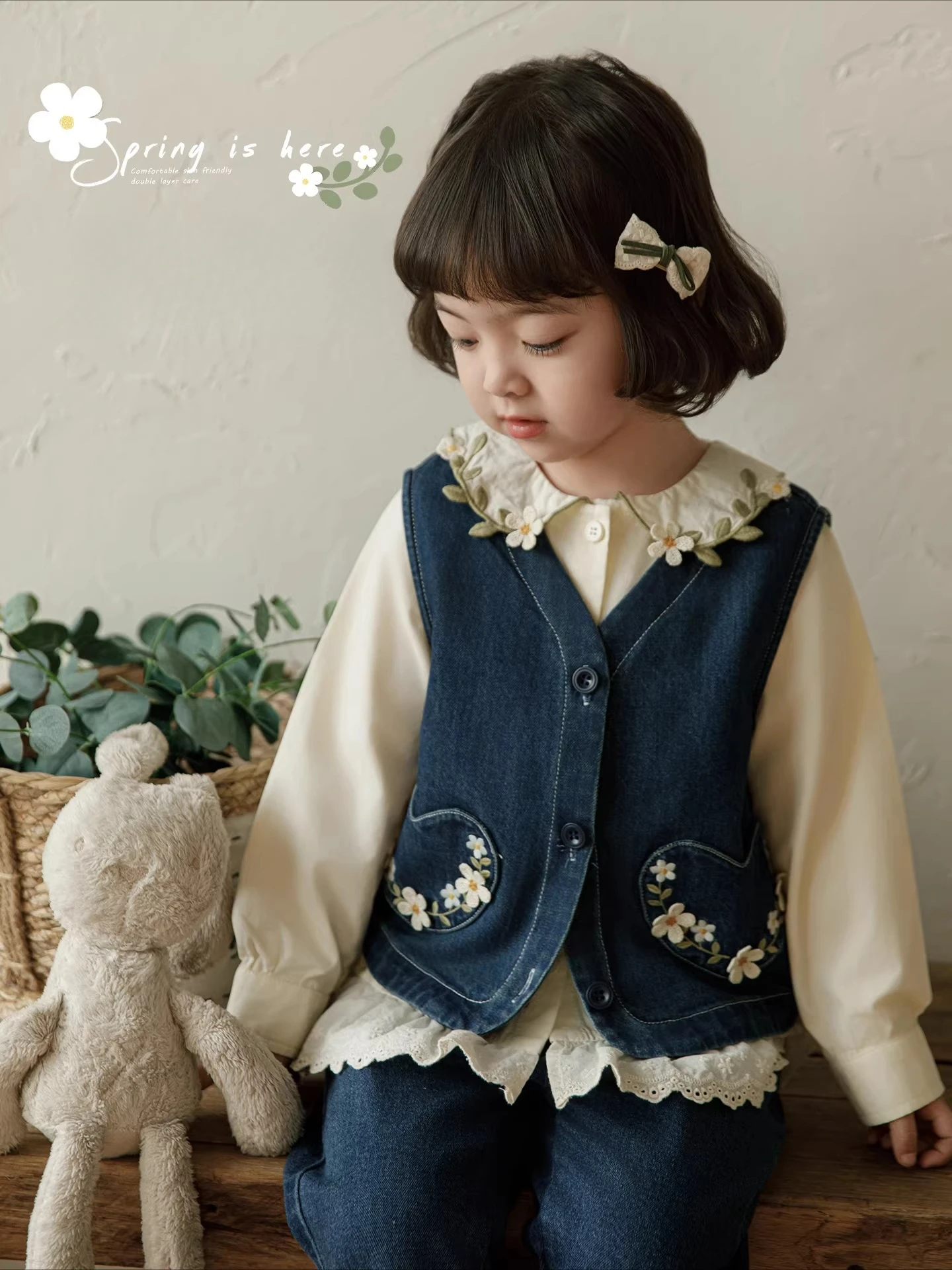 Spring Autumn Girls Denim Outfit Daisy Print Shirt Vest Flare Jeans 2-10 Years