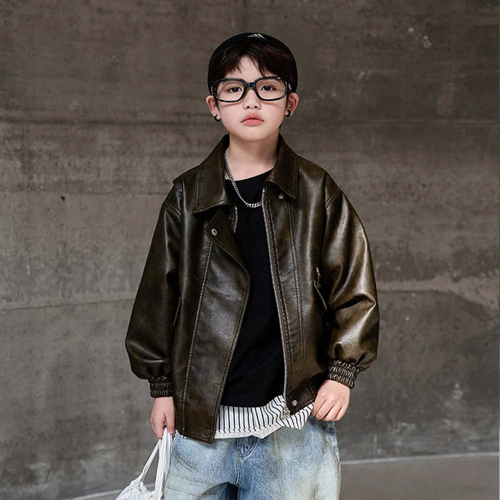 Luxury School Boys PU Leather Jacket Cool Brown Leather Coat Trendy Autumn Outerwear Casual Children's Top for Kids