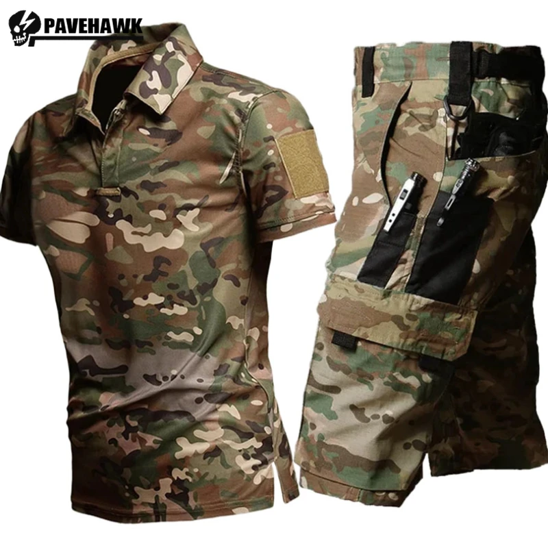 Thin Summer Outdoor Tactical Set Men Camouflage Quick Drying T Shirt +Waterproof Multi Pocket Cargo Shorts 2-pcs Set Combat Suit