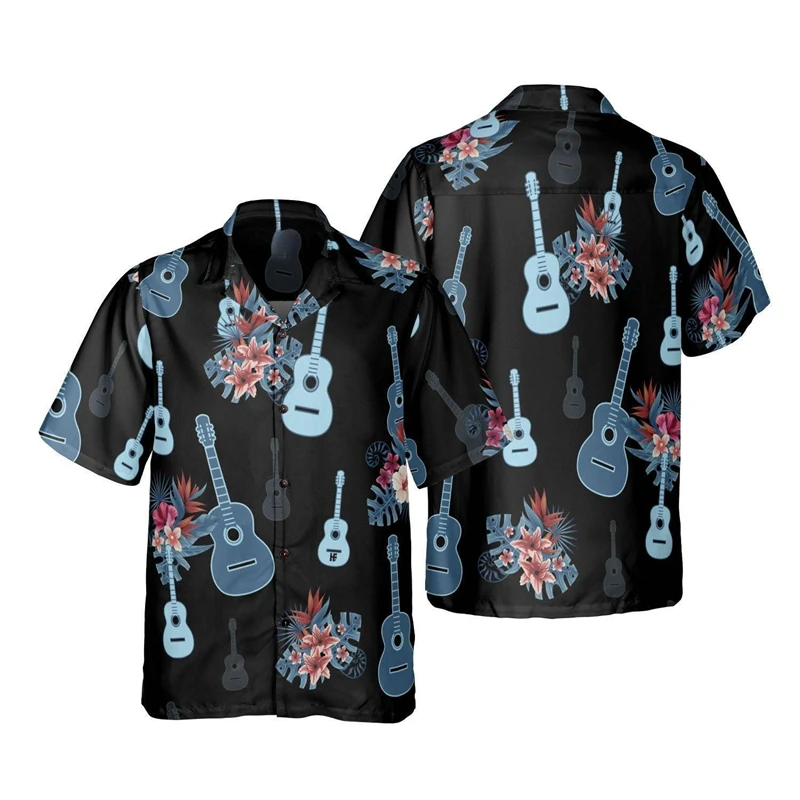 Cool Guitar 3D Printed Beach Shirts Casual Musical Instrument Graphic Shirt For Men Clothes Funny Note Short Sleeve Blouses Tops