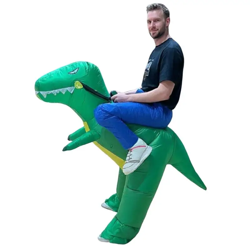 Grappige Groene Dinosaurus Rijden Opblaasbaar Cosplay Kostuum Unisex Voor Volwassen Halloween Carnaval Party Outdoor Speelgoed Verkleedoutfit