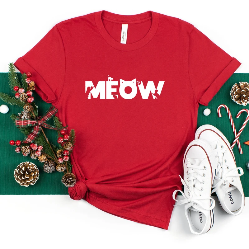 Meow Cat Lover Graphic T Shirts for Women Mom Life Graphic Tee O Neck Cotton Mothers Gift Animal Owner T-shirt Lady Clothes