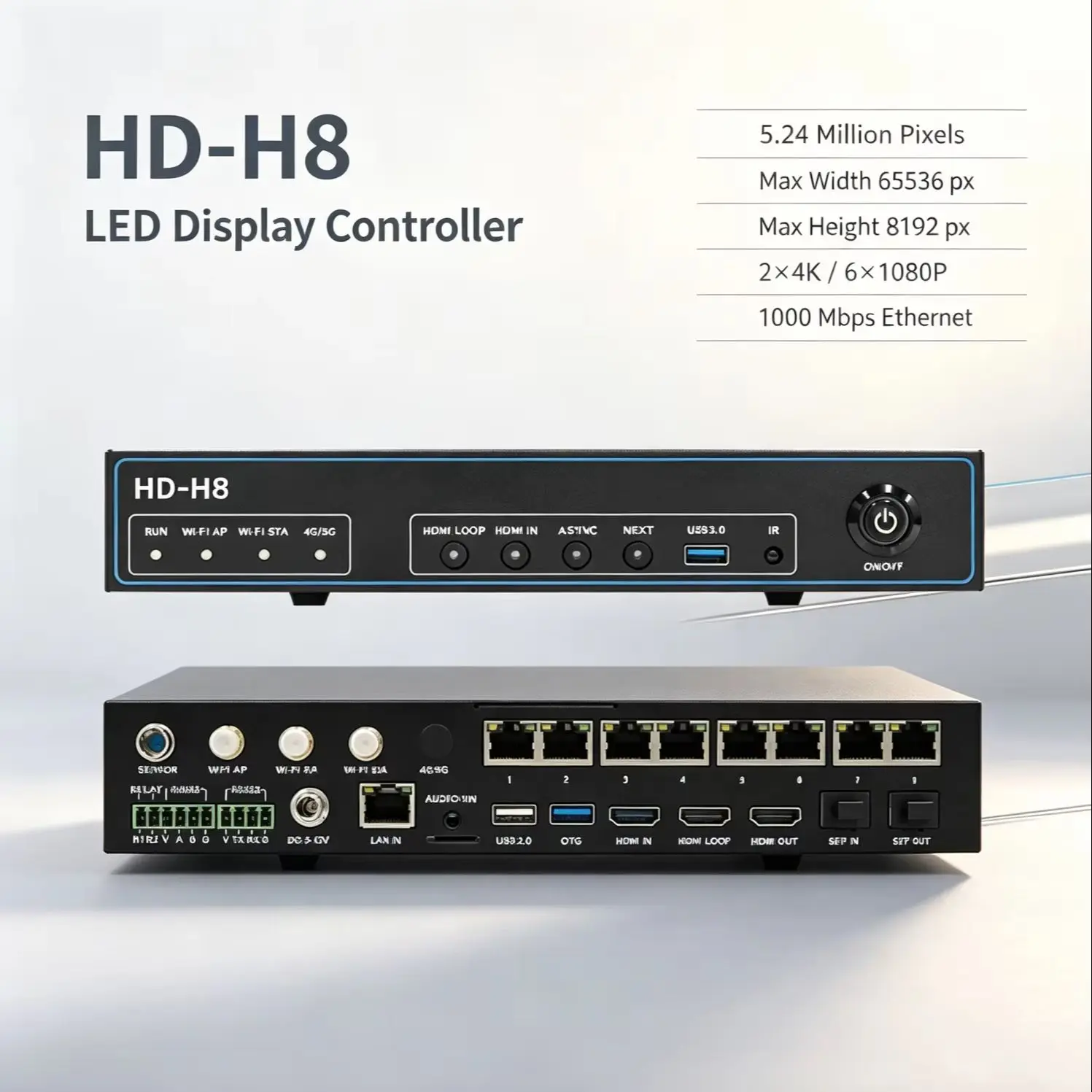 HD‑H6 H8 LED Display Controller 3.93M Pixels 2×4K 6×1080P 1000Mbps Ethernet LED Video Processor for LED Advertising Screen