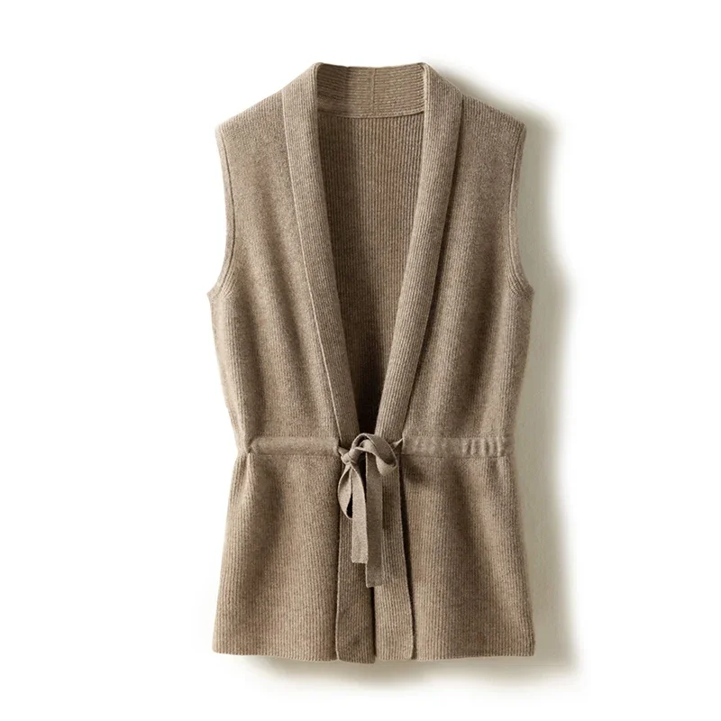 

Autumn New Temperament 100% Merino Wool V-Neck Tie Vest Vest Women Short Knit Cardigan Coat Sweater Female Fashion Jacket