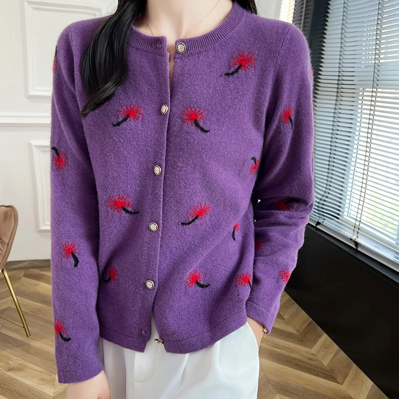 100 Pure Wool Cardigan Women's Round Neck Color Matching Jacquard Knitted Sweater Coat Fashion Joker Loose Cashmere Top