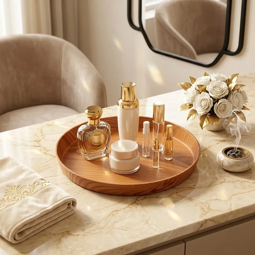 Wood Grain Plastic Round Vanity Tray Makeup Organizer Stackable Bathroom Counter Perfume Stand Cosmetic Storage Dressing Table