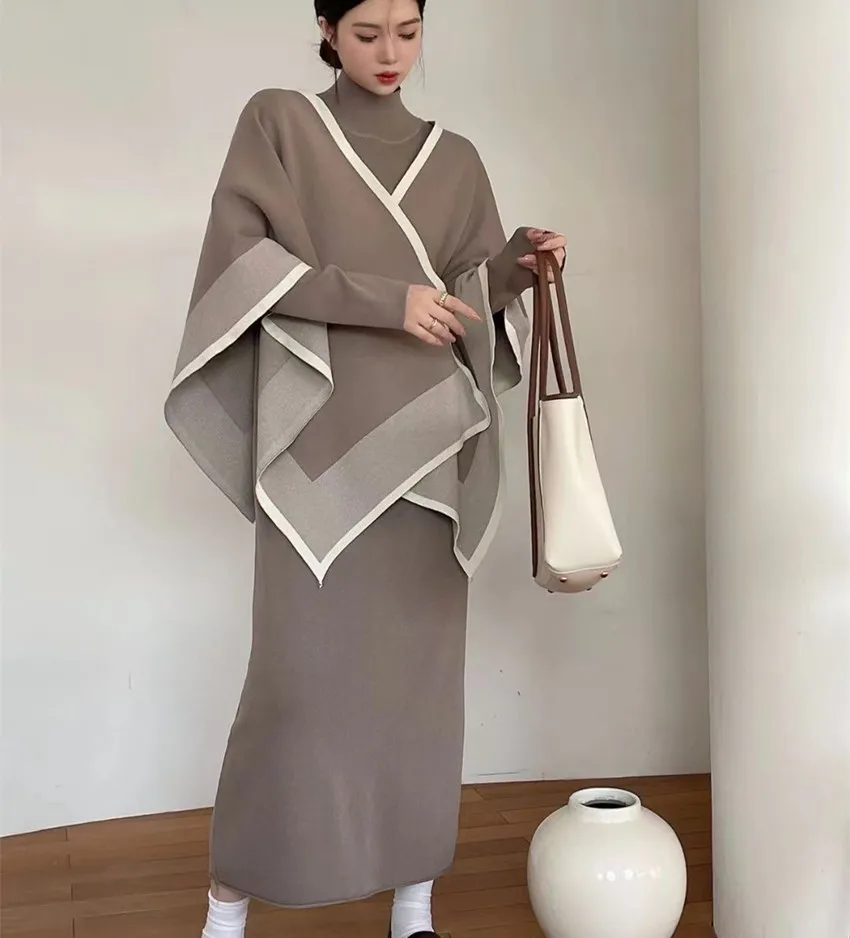 

High Quality Fall Winter Knitting Cloak Shawl Bat Sleeve Thick Loose Coat Suit + Stand Collar Long Dress Two Piece Set For Women