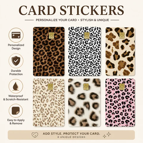 Leopard Print Card Sticker Set 6 Designs Stylish Sim Card Skin Protector Waterproof Scratch-Resistant Credit Card Wrap Decal