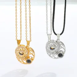 2PCS Magnetic Couple Matching Necklace 100 Languages I Love You Projection Sun Moon Heart Shape Magnet Paired Pendant Lover Gift