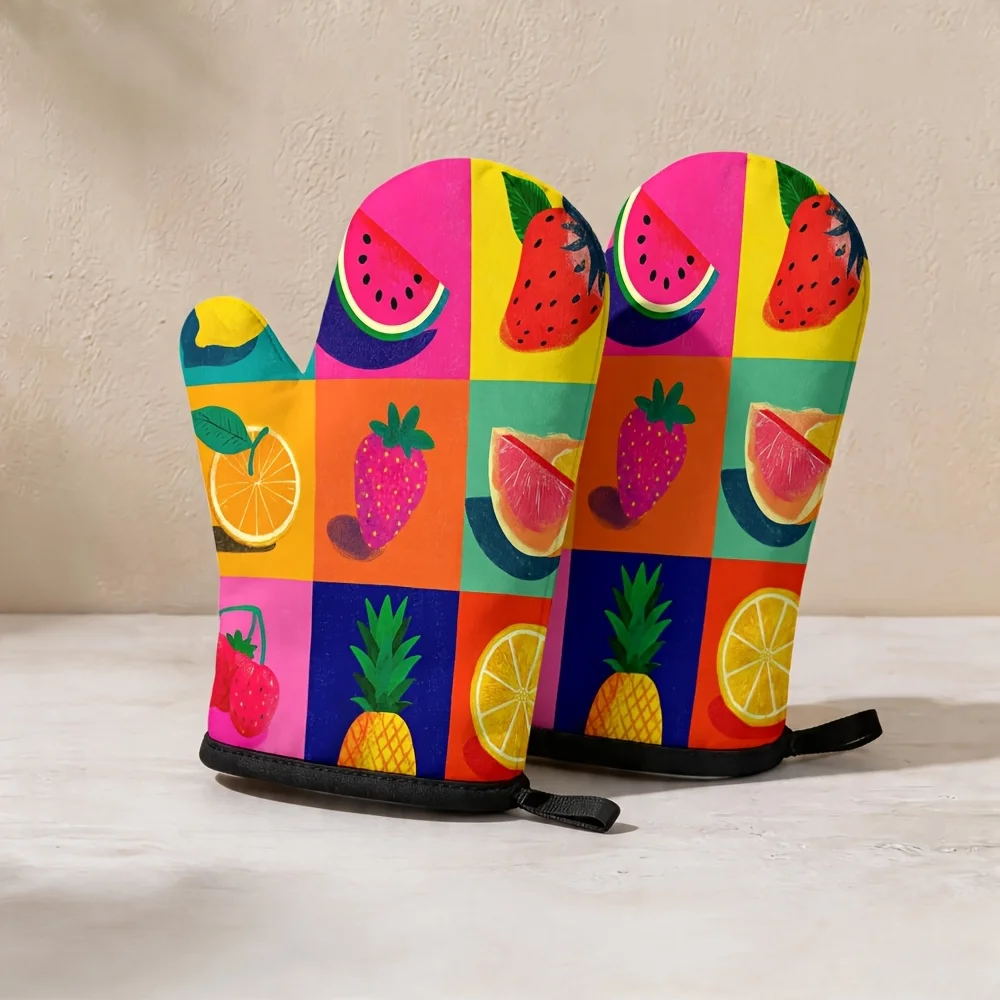 1 Set of 2pcs Colorful Fruit Patchwork Oven Mitts, Featuring Retro Geometric Designs of Peaches, Strawberries, Lemons