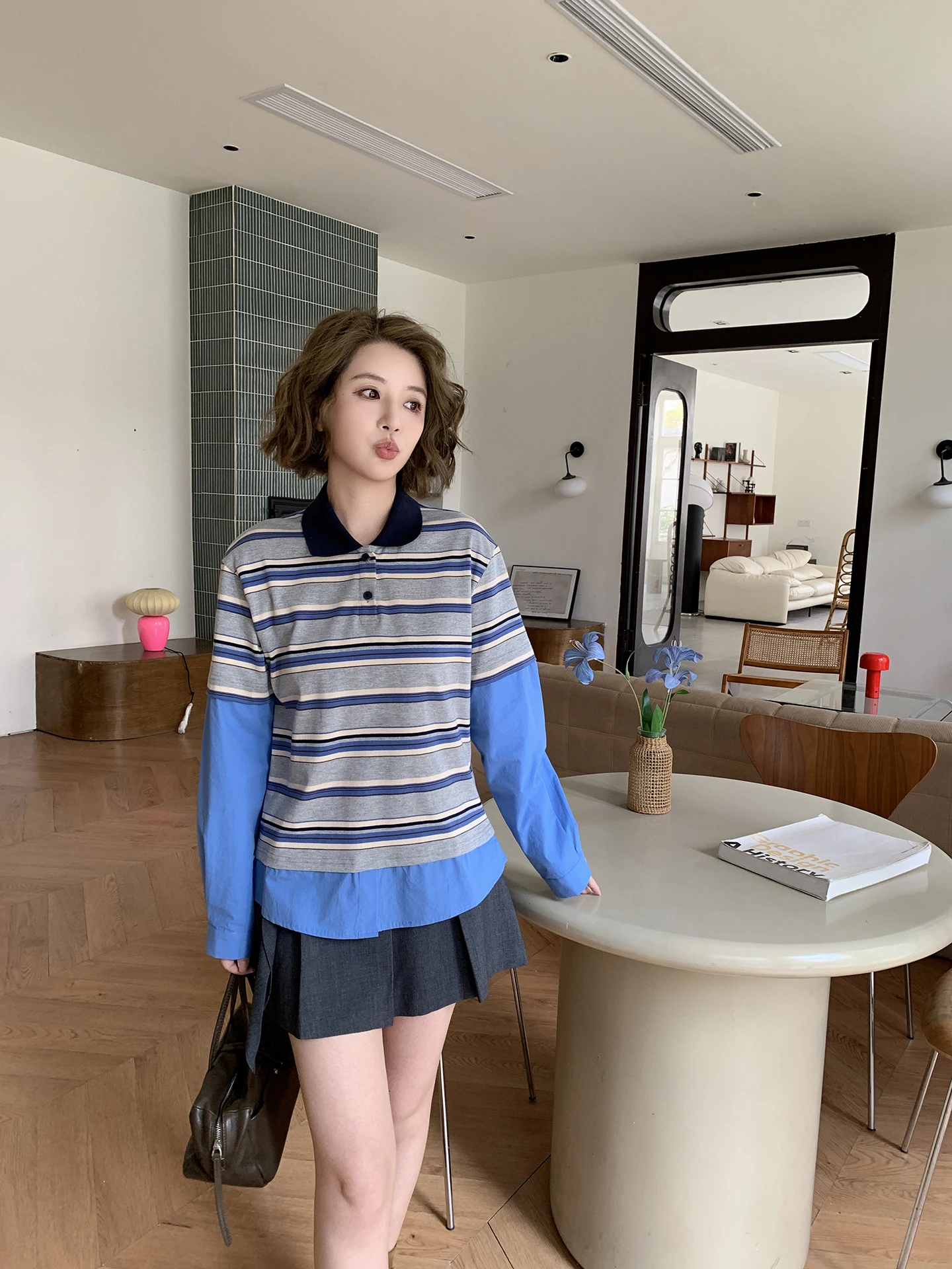 

Loose Long Sleeve Neck T-Shirt Women's Fake Two-Piece Color Block Striped Patchwork Casual Style Spring Summer Top
