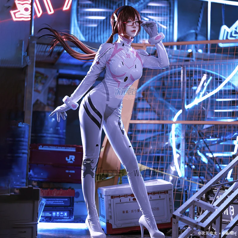 

Аниме EVA Косплей Костюм Mari Makinami Иллюстриальный женский белый кожаный сексуальный комбинезон с очками, комплект карнавальной формы на Хэллоуин