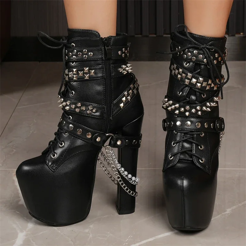 Othic Punk Studded Chain Ankle Booties, Black Lace‑Up Platform Chunky Heel Boots for Women, Rock Style for Party,Club Streetwear
