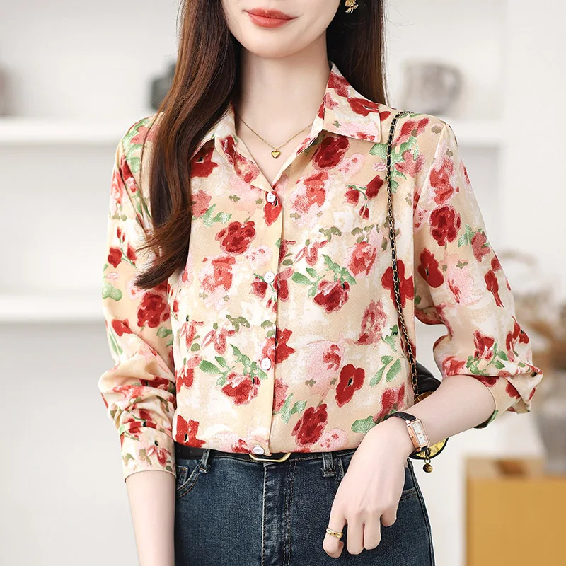 Women Clothing Chic Vintage Floral Printing Shirt Spring Autumn Casual Loose Turn-down Collar Long Sleeve Blouses Fashion Tops