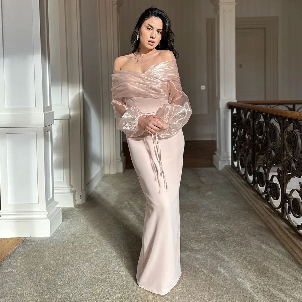 

Column Prom Dresses Off the Shoulder Pleated Criss-Cross Elegant Prom Gowns for Women 2025 Long Sleeves Back Split Formal Dress