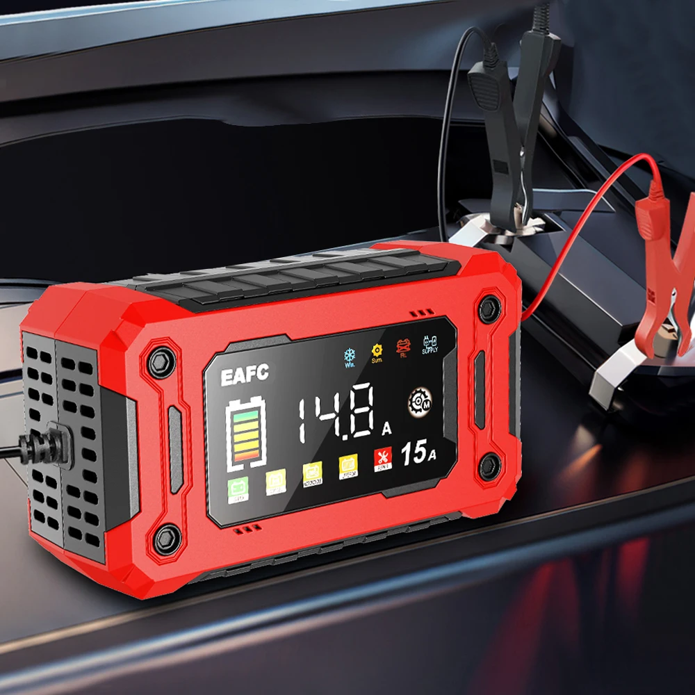 12V 15A Car Battery Charger Larger LCD Display Smart Charger for Car Truck Boat RV SUV ATV Lead Acid AGM LiFePo4 Batteries