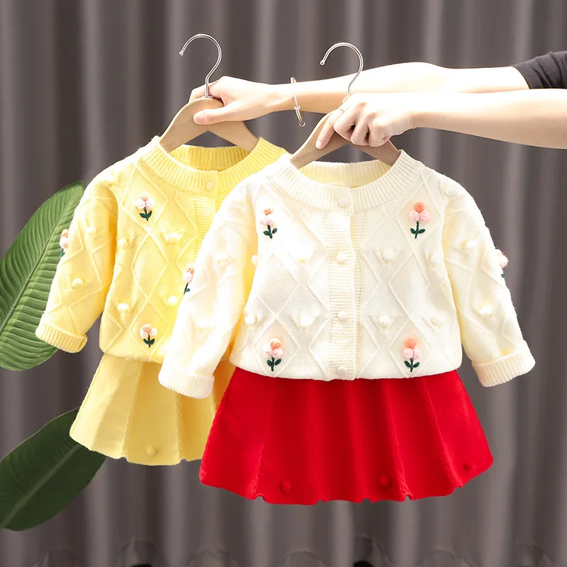 

Autumn 2024 Infant Girls 2PCS Clothes Set 3D Floral Argyle Knitted Cardigan Suits Solid Soft Pleated Skirts Toddler Girl Outfits