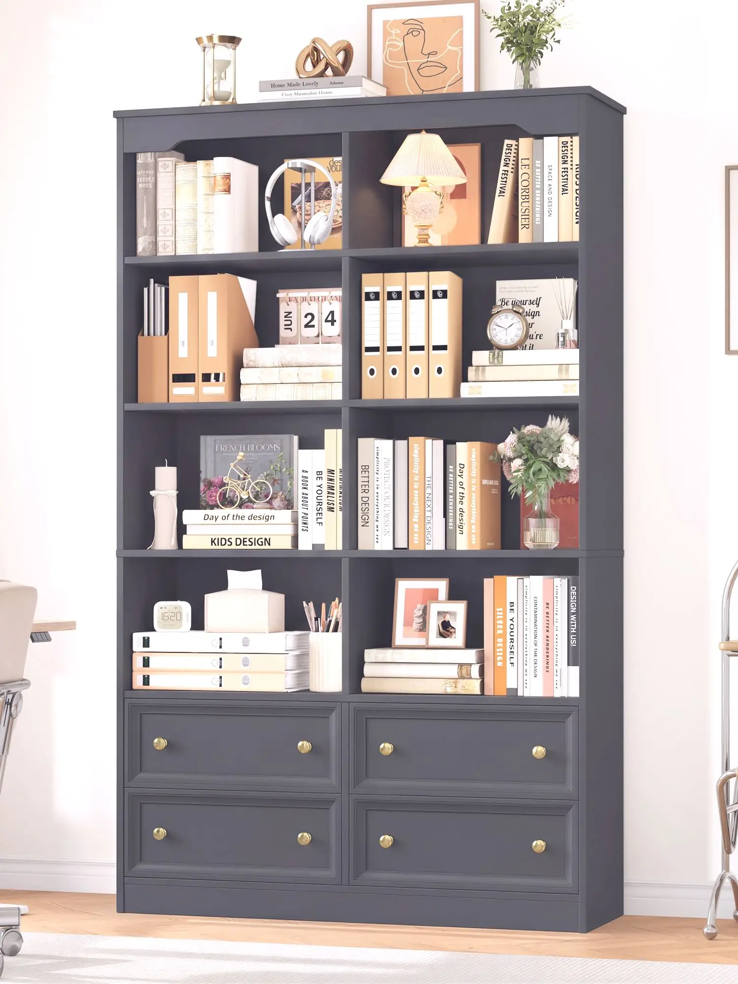 Getone Boekenkast 6-laags wit met laden, 8 open vakken, boekenkast woonkamer, hoge schappenkast, vrijstaande displaykast voor kantoor en thuis, 180x100x30cm - afbeelding 2