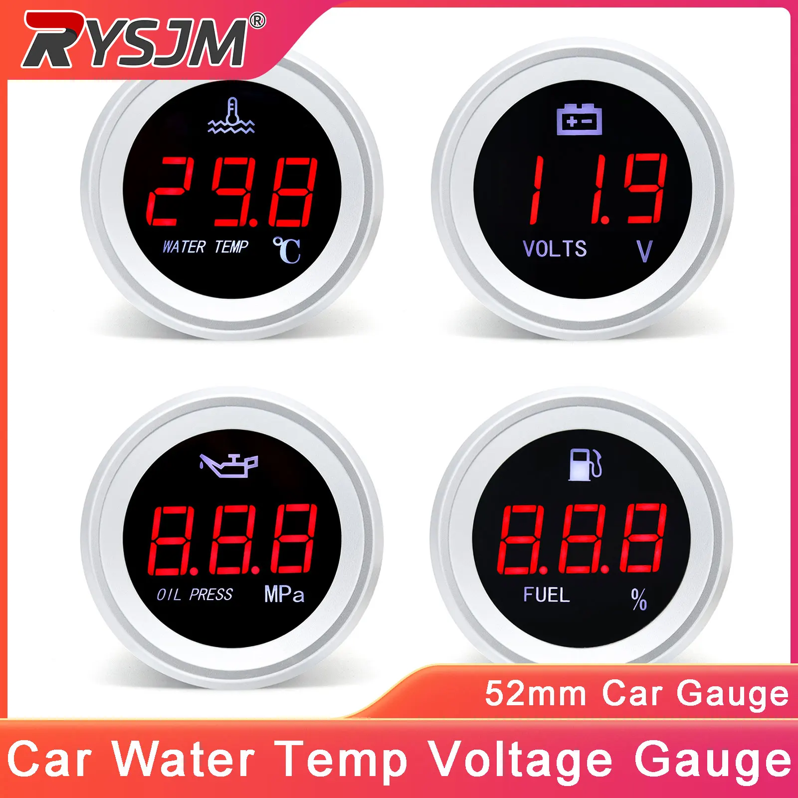 

52mm Car Water Temp Gauge Voltage Oil Press Meter With Sensor Universal 0-190OHMS Car Fuel Level Gauge Meter For 12V 24V Car