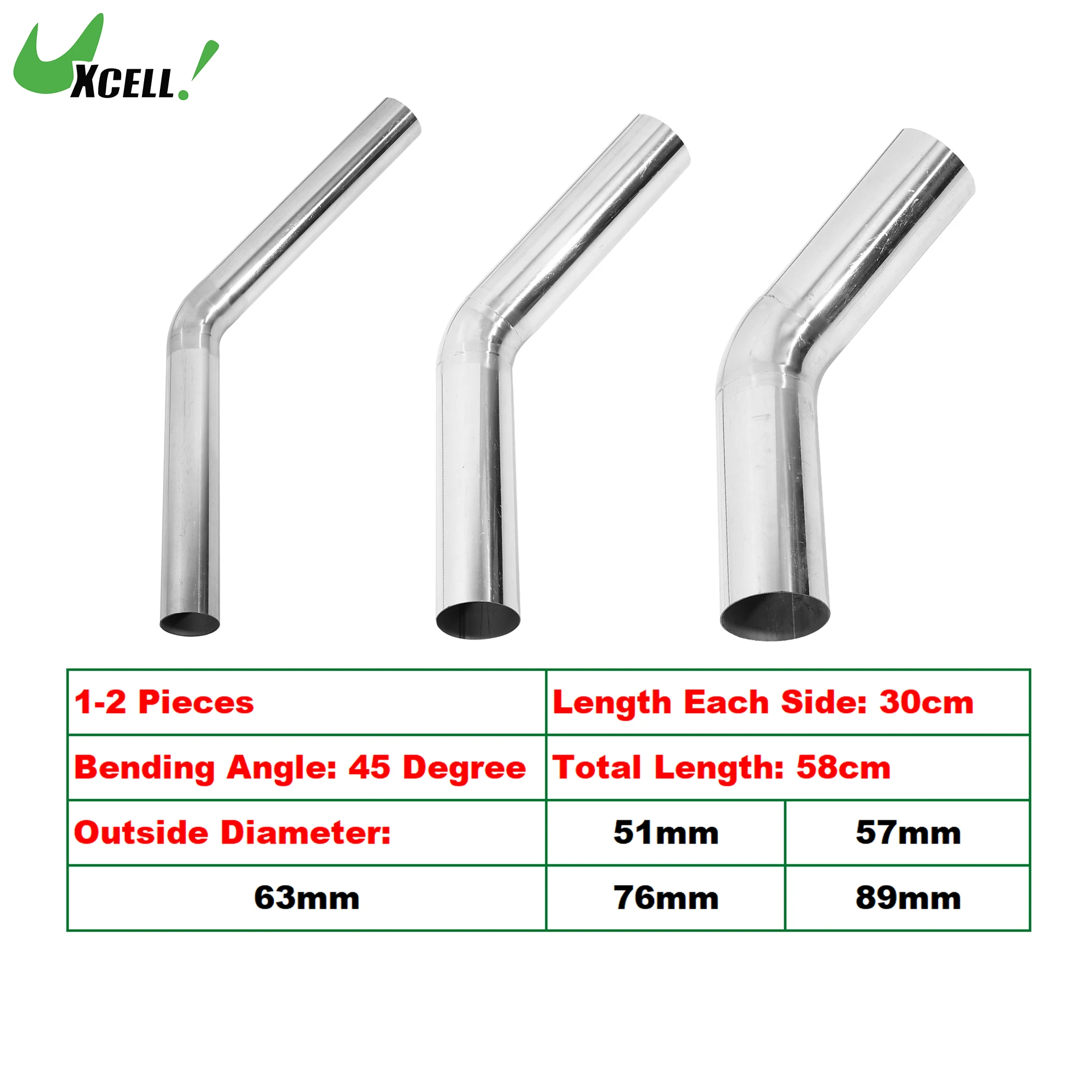 

UXCELL 45 Degree Exhaust Pipe 51mm 57mm 63mm 76mm 89mm OD Car Mandrel Bend Exhaust Tube Pipe T304 Stainless Steel Universal