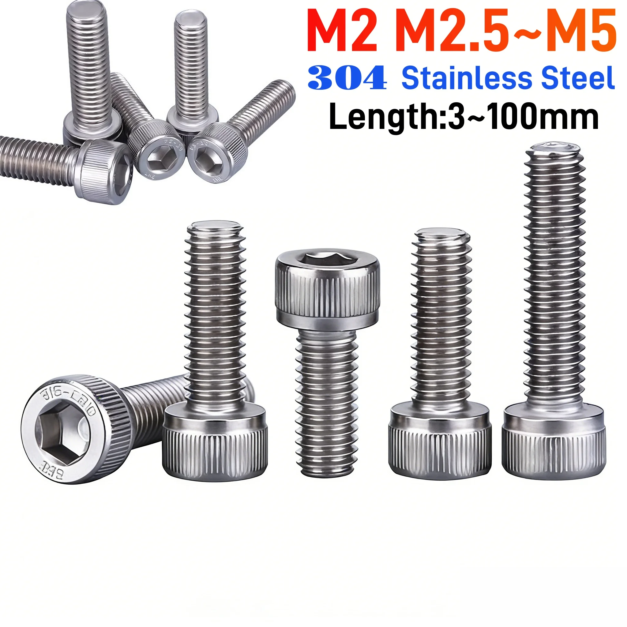 M2 M2.5 M3 M4 M5 Cap Allen Bolt Sus304 Stainless Steel Din912 Hex Socket Cap Bolt Screw Length 3mm-100mm