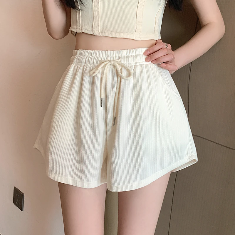 

Summer Women's Elastic High Waist Pockets Solid Drawstring Casual Loose Sports Wide Leg Trousers Fashion Office Lady Shorts