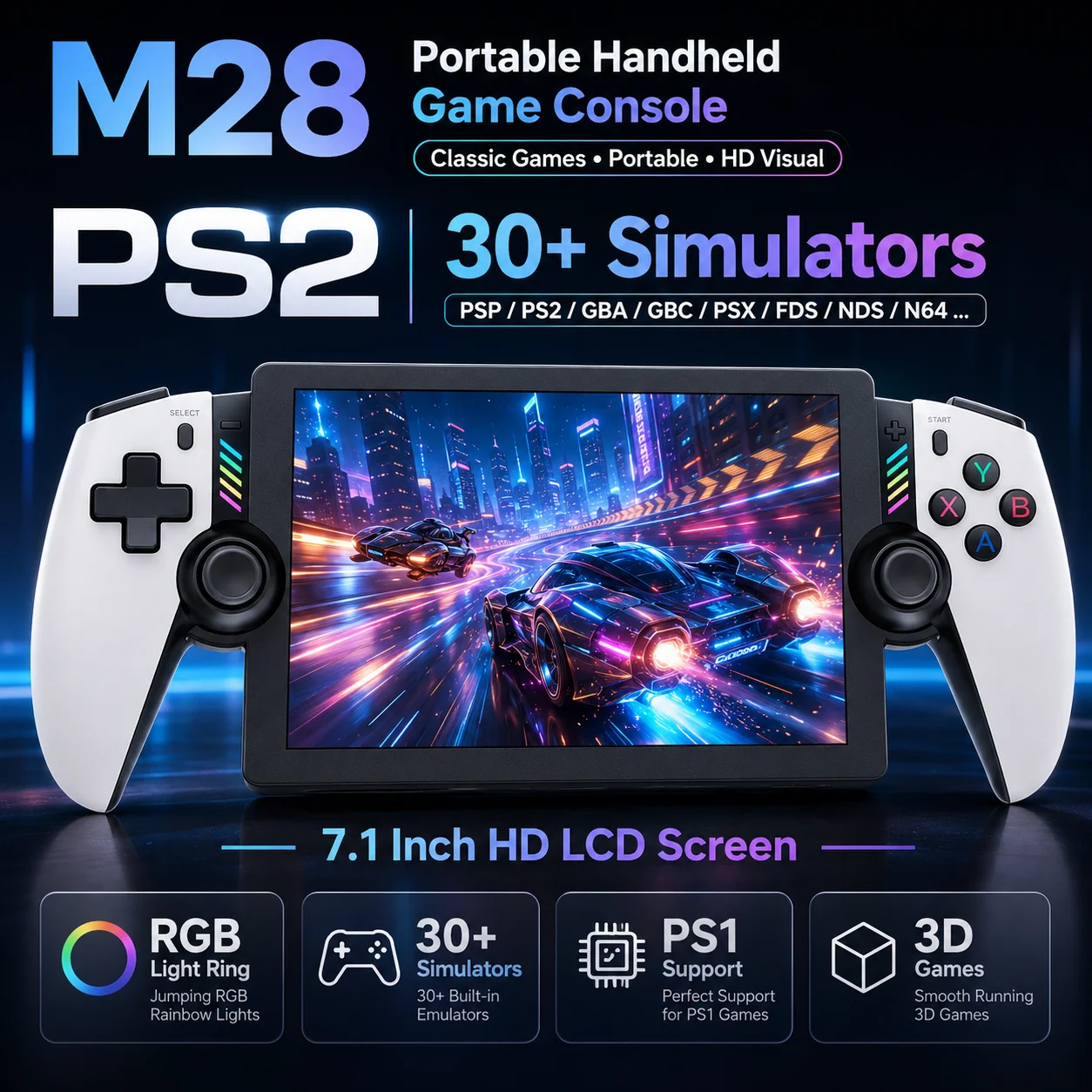 

7.1 Inch HD Pocket Game Console Built-in 20000 Retro Games 30+ Emulators Colorful RGB Ambient Light Portable Travel Game Gift
