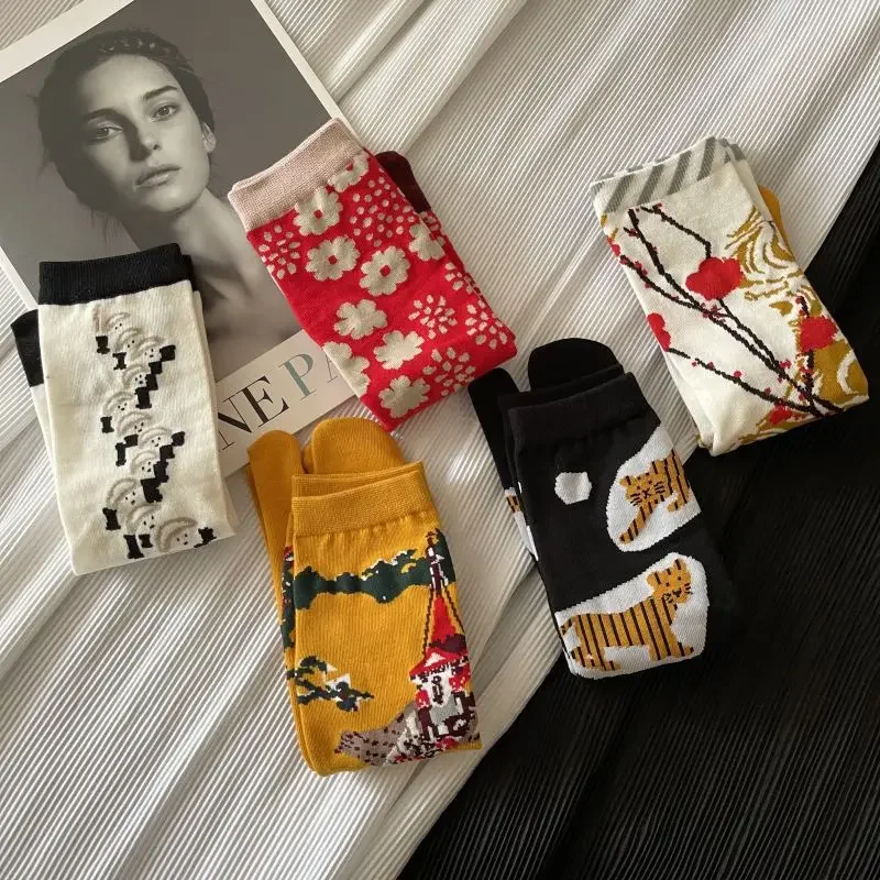 Women Colorful Combed Cotton Tabi Socks Funny Happy Cartoon Tiger Building Floral Soldier Harajuku Japanese Toe Socks