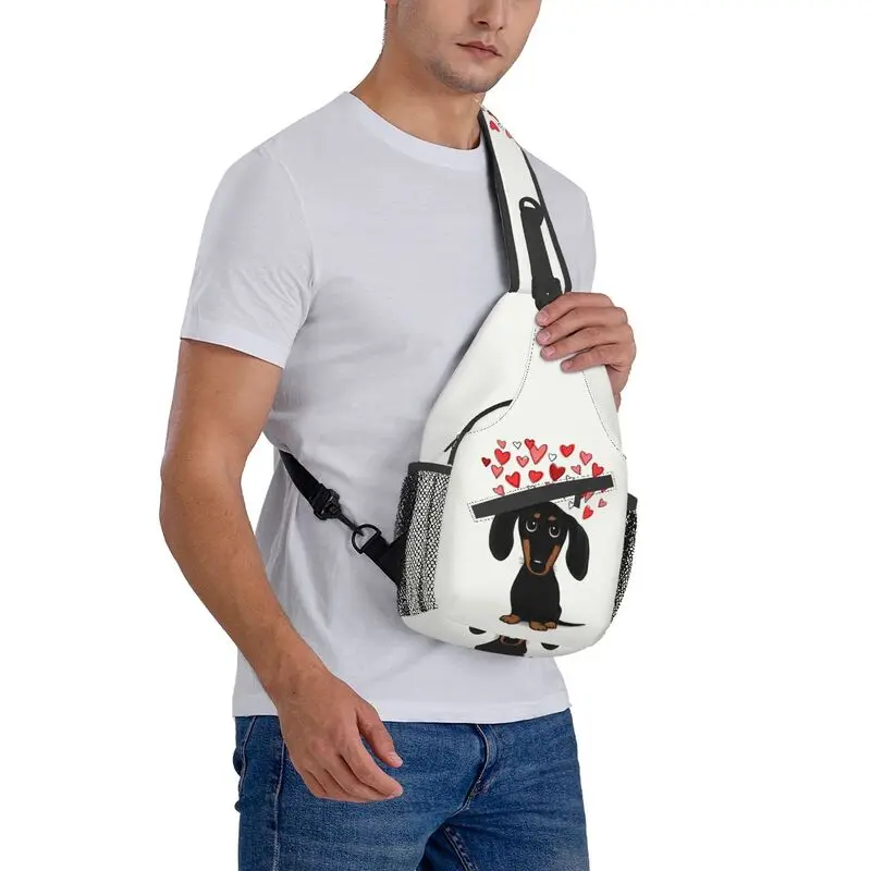 Mochila personalizada de Dachshund con corazones de San Valentín para hombre, bandolera de dibujos animados, tejón, salchicha, perro, bolso de pecho