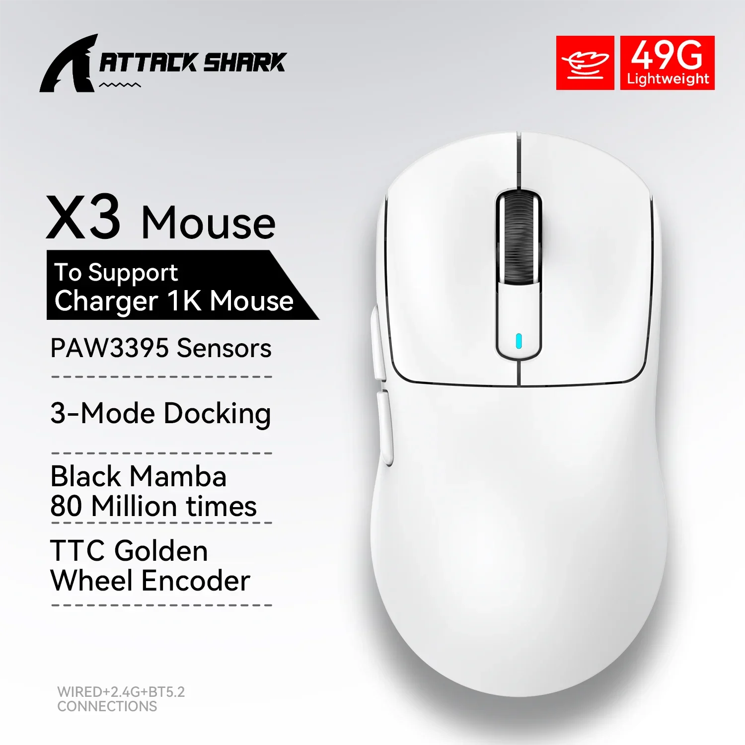 

Attack Shark X3 Bluetooth Mouse PixArt PAW3395 Tri-Mode Connection Bluetooth Mouse Wired 8KHz/Wiredless 4KHz Macro Gaming Mouse