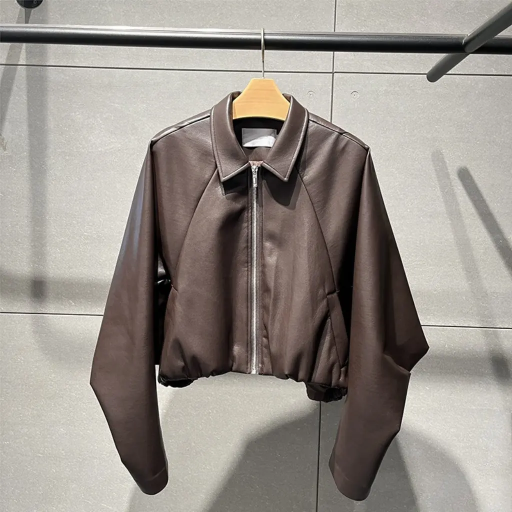 Moda mujer primavera estilo coreano Casual manga murciélago abrigo corto solapa chaqueta de cuero diseño que combina con todo