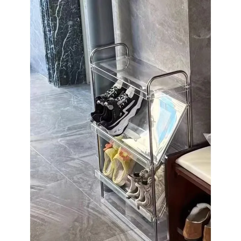 Ultra thin household simple multi-layer slanted storage shoe cabinet multifunctional stainless steel