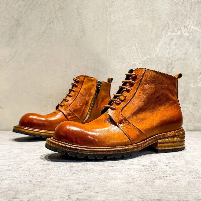 Handcrafted Horsehide Men Shoes Vintage Motorcycle Boots Lace-up Side Zipper Work Boots Outdoor Hiking Non-slip Ankle Boots