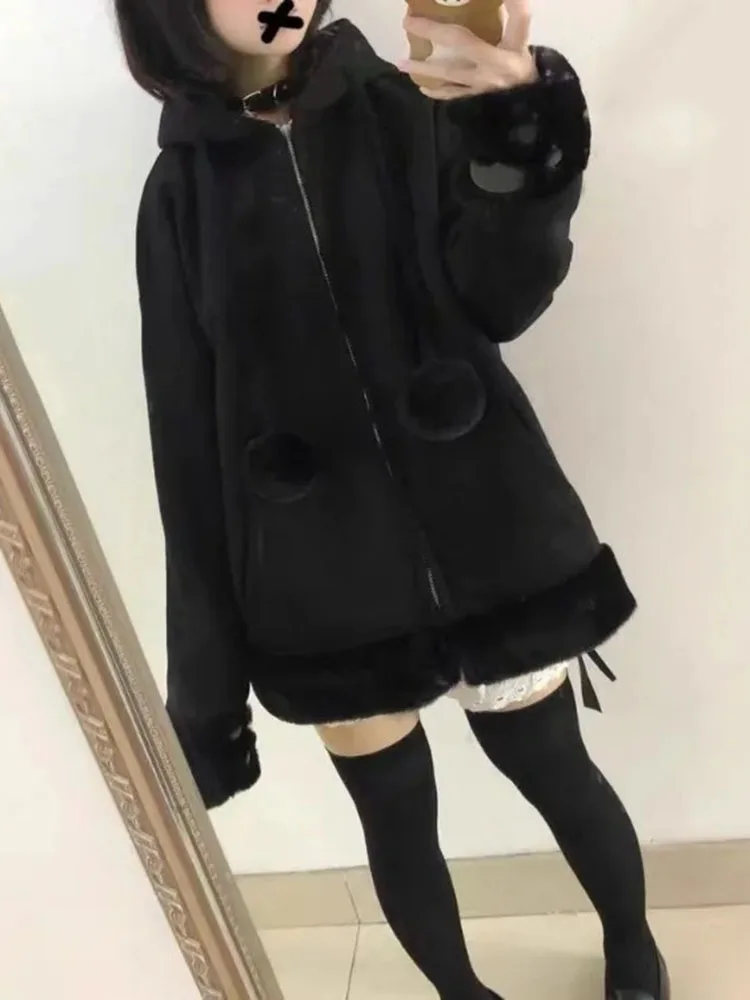 Y2k Fashion Black Cat Plaid Patchwork Jackets 2025 Autumn New Thicked Warm Tops Mujer Y2k Loose Long Sleeve Zipper Tops Mujer